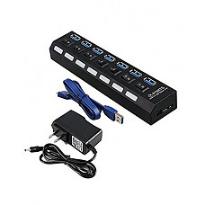[해외]Multi Port 7-Port USB 3.0 Data Hub Super Speed Multiple Devices with Power Adapter,Switches,LED Power Indicator,1.75ft USB 3.0 Data Cable for PC Laptop Computer