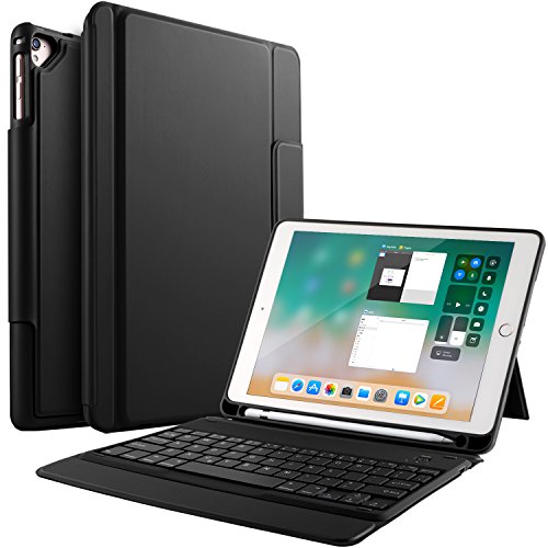 [해외]Bosewek New 아이패드 9.7 2018 Case With Keyboard - Lightweight One-piece Bluetooth Keyboard Case with Pencil Holder for 애플 New 아이패드 9.7 2018/2017/iPad Pro 9.7/iPad Air 2/iPad Air Tablet (Black)