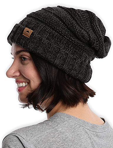 [해외]Slouchy Cable Knit Cuff Beanie by Tough Headwear - Chunky, Oversized Slouch Beanie Hats for Men & Women-Black Gray, one size