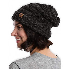 [해외]Slouchy Cable Knit Cuff Beanie by Tough Headwear - Chunky, Oversized Slouch Beanie Hats for Men & Women-Black Gray, one size