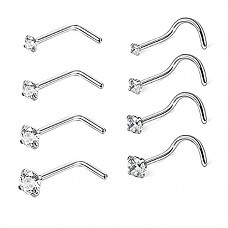[해외]8 Pcs 20 Gauge Stainless Steel Nose Rings Studs L Shaped Crook Nose Body Piercing Jewelry 1.5mm 2mm 2.5mm 3mm Diamond CZ Nose Stud L Bend for Women Girl Piercing (Sliver-Steel)