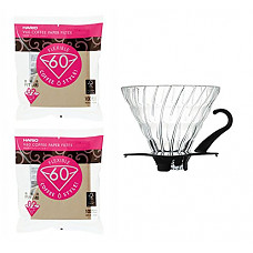 [해외]하리오 V60 Glass Dripper, Measuring Spoon & 200 Filters All Sold Together (Japan Import)