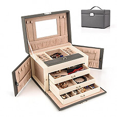 [해외]HEZALA Jewelry Box, Faux Leather Jewelry Organizer Lockable Travel Storage Display Case with Mirror for Girls Women, Grey