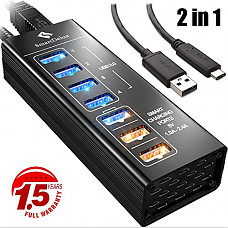 [해외]SmartDelux Powered USB Hub - 7-Port USB 3.0 Hub with 4 USB 3.0 Ports, 3 Smart Charging Ports, USB 3.0 + USB C Cables, Power Adapter, Long Cord, LEDs (Black)