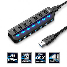 [해외]TOBSKBY 7-Port USB 3.0 Hub, USB Data Splitter [High Speed up to 5Gbps], [Plug & Play], [Individual Power Switch and LED] for Smartphone, Tablet, PC & Laptop Windows or Mac & Video Games
