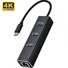 [해외]Sobrilli 3-Port USB-C to USB 3.0 Aluminum Portable Data Hub, with 10 Mpbs, 100 Mbps, 1000 Mbps, or 1 Gigabit Network Adapter with Ethernet Port, for MacBook Pro 2016, ChromeBook, XPS and More (Black)