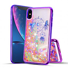 [해외]Compatible for 애플 iPhone XR [2018 Release] Cute Liquid Glitter Flowing Quicksand Motion Sparkle Butterfly Dreamcatcher Shockproof Protective TPU Case iPhone XR 6.1" [Free Emoji Keychain!] (Purple)