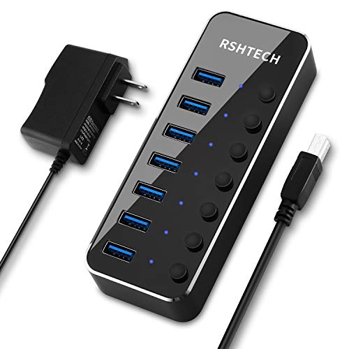 [해외]RSHTECH USB 3.0 Hub Powered 7 Port USB Extender Aluminum Splitter with Individual On/Off Switches (7-Ports)