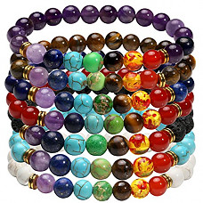 [해외]Milakoo 7 Pcs Lava Rock Chakra Bead Bracelets for Men Women Natural Stone Bracelet