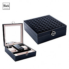 [해외]Lily Treacy Wooden Jewelry Box Organizer Case 2-Tray Extra Travel case Black/White with Deluxe PU Leather Finish with Swing Mirror & Lock (Black)