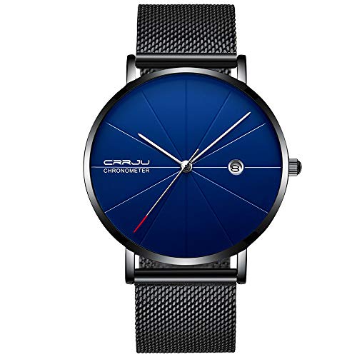 [해외]Mens Watch Classic Minimalist Quartz Watch Men Business Stainless Steel Mesh Calendar Display Blue Watch …