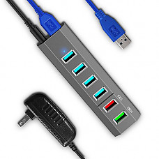 [해외]Keathy 6-Port USB 3.0 Hub with 4 USB 3.0 Data Ports, 2 Charging Ports, Long Cord LED and 24W Power Adapter for PC, Notebook, Mac, iPhone, 아이패드 Air 2, 갤럭시 Series, USB Flash Drives and More, Grey