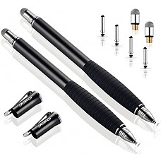 [해외]MEKO (2nd Generation) [2 in 1 Precision Series] Disc Stylus Pen for iPhone, 아이패드 Pro/Mini/Air, 삼성 갤럭시 Note and All Touch Screen Devices Bundle with 6 Replacement Tips,Pack of 2(Black/Black)