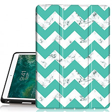 [해외]아이패드 Pro 10.5 Case, Hocase Trifold Folio Smart Case with 애플 Pencil Holder, Unique Pattern Design, Auto Sleep/Wake Feature, Soft TPU Back Cover for 아이패드 Model A1701/A1709 - Marble/Teal Chevron