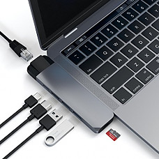 [해외]Satechi Aluminum Type-C Pro Hub Adapter with Ethernet - 4K HDMI Video Output, USB-C PD, Gigabit Ethernet, USB 3.0 Ports and Micro SD Card Slot for 2016/2017/2018 MacBook Pro (Space Gray)
