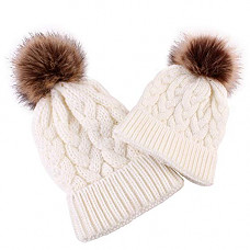 [해외]kaiCran 2PCS Parent-Child Hat Warmer, Mommy and Me Cable Knit Winter Warm Hat Beanie (White)