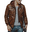 [해외]FLAVOR 남성 모토사이클/바이크 가죽 잠바 Men Brown Leather Motorcycle Jacket With Detachable Hooded (CN Medium, Brown)