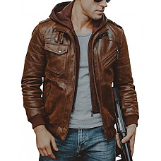 [해외]FLAVOR 남성 모토사이클/바이크 가죽 잠바 Men Brown Leather Motorcycle Jacket With Detachable Hooded (CN Medium, Brown)