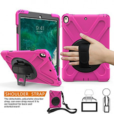 [해외]아이패드 Pro 10.5 Case, BRAECNstock Three Layer Heavy Duty Soft Silicone Hard Bumper Kickstand Shockproof Protective Case [Shoulder Strap] [Hand Strap] for 애플 아이패드 Pro10.5 Inch (A1701/ A1709) Rose Red