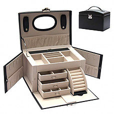 [해외]Misylph PU Leather Jewelry Box,Large Jewel Storage Organizer,Travel Case with Switch, Mirror, Key and Handle (Black)