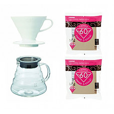 [해외]3 하리오 V60 Series Products - 600 ml Glass Kettle, Porcelain Dripper and 200 Paper Filters (Japan Import)