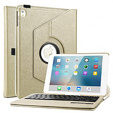 [해외]아이패드 Pro 9.7 Keyboard Case, BoriYuan 360 Degree Rotating Detachable Wireless Bluetooth Keyboard Flip PU Leather Case Folio Stand Cover for 애플 아이패드 Pro 9.7 inch 2016 +Screen Protector+Stylus, Gold