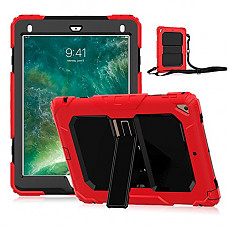 [해외]아이패드 9.7 2018 Case,iPad 6th Generation Case, [Heavy Duty] Drop proof Shockproof Protective Rugged Cover with Kickstand & Shoulder Strap for 아이패드 (6th generation) 9.7 inch (A1893/A1954) (Red)