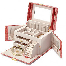 [해외]Vlando Mirrored Jewelry Box Organizers for Girls Women Teens Vintage Gift Case - Faux Leather (Croco Pink)