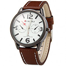 [해외]Male Quartz Watch with Round Dial Decorative Non - Functioning Sub - dials Leather Strap for Men