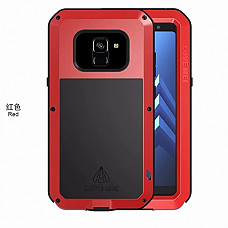 [해외]갤럭시 A8 Plus 2018 Case, Love MEI Outdoor Aluminum Metal Cases 삼성 갤럭시 A8 Plus(2018)/Galaxy A8+(2018) 방수 Silicone Back Cover Gorilla Glass Protector(Red)