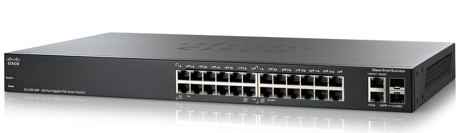 [해외]시스코 Cisco SG200-26P Gigabit Ethernet Smart Switch, 24 10/100/1000 Ports, PoE and 2 Combo Mini-GBIC Ports (SLM2024PT)