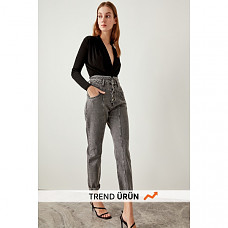 Trendyol Front Anthracite High Waist Button Super Mom Jeans TCLSS19NI0004