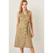 Trendyol Summer Green Solid Button Linen Casual Sleeveless Notched Dress TWOSS19IE0060