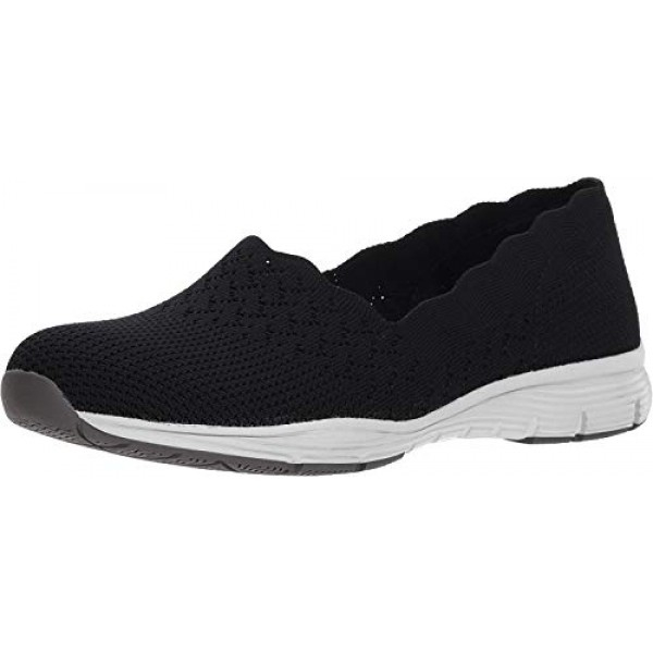 [해외] 스케쳐스 여성 클래식 로퍼 Skechers Women's Seager-Stat-Scalloped Collar, Engineered Skech-Knit Slip-on-Classic Fit Loafer - Black/White