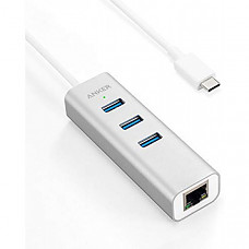 [해외] 앤커 3포트 휴대용 데이터 허브 Anker 3-Port USB-C to USB 3.0 Aluminum Portable Data Hub, with 10 Mpbs, 100 Mbps, 1000 Mbps, or 1 Gigabit Network Adapter with Ethernet Port, for MacBook Pro 2016, ChromeBook, XPS and More