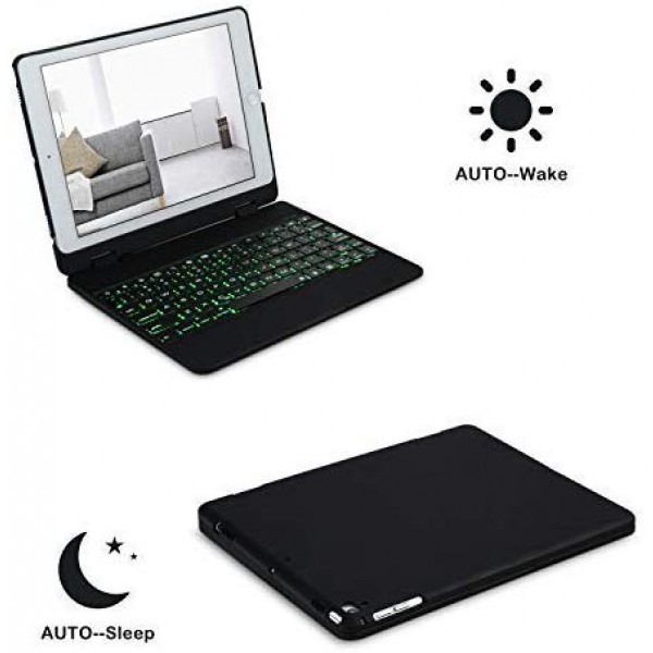 [해외] 아이패드 9.7(5세대, 6세대, Air, Air2)키보드 케이스 iEGrow iPad Case with Keyboard for iPad 2018(6Th Gen)- iPad 2017(5Th Gen)- iPad Pro 9.7- iPad Air2- iPad Air, 7 Colors Backlit Bluetooth Keyboards with 360 Degree Flip Cover (Black)