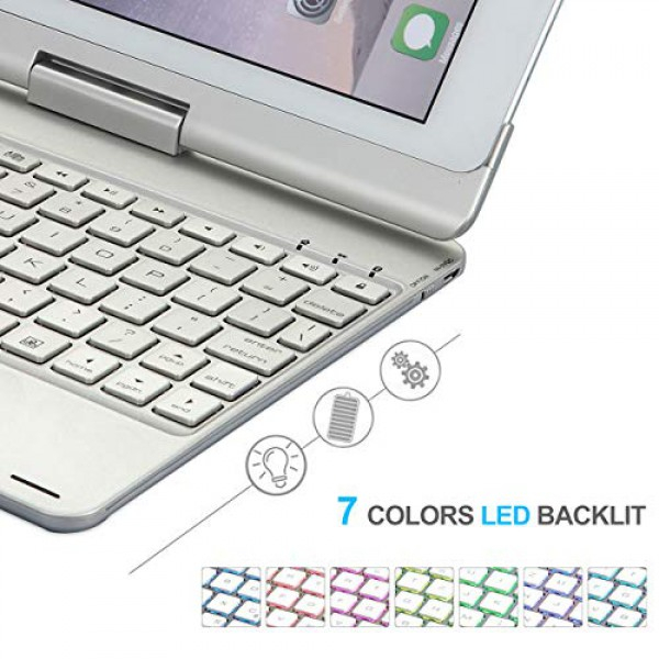 [해외] 아이패드 6th/5th/Pro 9.7/Air 2/Air 360 회전 키보드 케이스 iEGrow F180 Silver Case with Keyboard, 7 Colors Adjustment Backlit and Breathing Light Keyboard with 360 Degree Rotatable Cover
