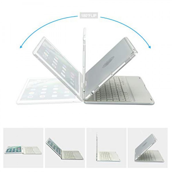 [해외] 아이패드 6th/5th/Pro 9.7/Air 2/Air 360 회전 키보드 케이스 iEGrow F180 Silver Case with Keyboard, 7 Colors Adjustment Backlit and Breathing Light Keyboard with 360 Degree Rotatable Cover