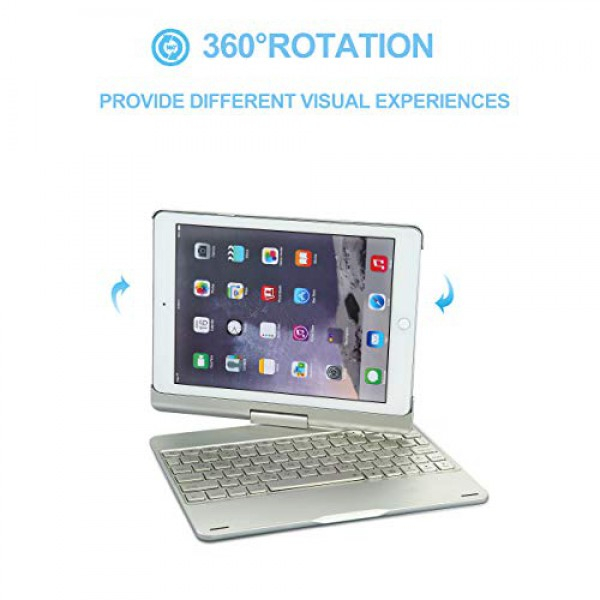 [해외] 아이패드 6th/5th/Pro 9.7/Air 2/Air 360 회전 키보드 케이스 iEGrow F180 Silver Case with Keyboard, 7 Colors Adjustment Backlit and Breathing Light Keyboard with 360 Degree Rotatable Cover