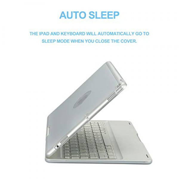 [해외] 아이패드 6th/5th/Pro 9.7/Air 2/Air 360 회전 키보드 케이스 iEGrow F180 Silver Case with Keyboard, 7 Colors Adjustment Backlit and Breathing Light Keyboard with 360 Degree Rotatable Cover