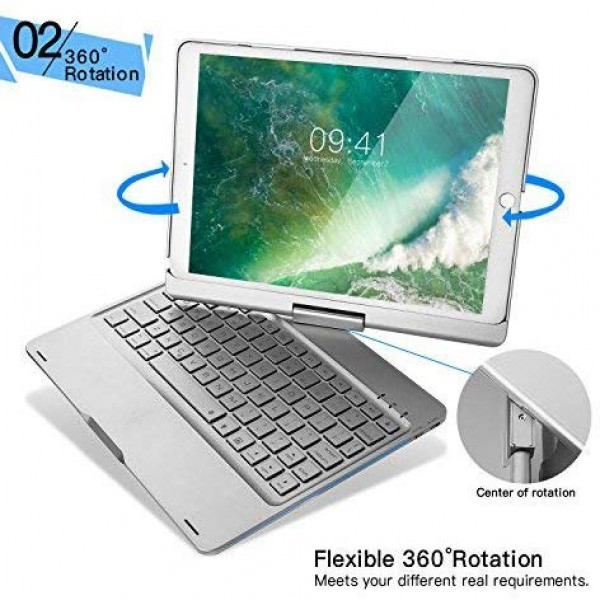 [해외] 아이패드 프로 10.5 360회전 블루투스 키보드 케이스 iPad Pro 10.5 Keyboard Case, iEGrow F360 7 Color Backlit and Dream Lighting Bluetooth Keyboard with 360 Degree Rotatable Case Cover for 2017 iPad Pro Model A1701/A1709(Silver)