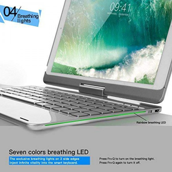 [해외] 아이패드 프로 10.5 360회전 블루투스 키보드 케이스 iPad Pro 10.5 Keyboard Case, iEGrow F360 7 Color Backlit and Dream Lighting Bluetooth Keyboard with 360 Degree Rotatable Case Cover for 2017 iPad Pro Model A1701/A1709(Silver)