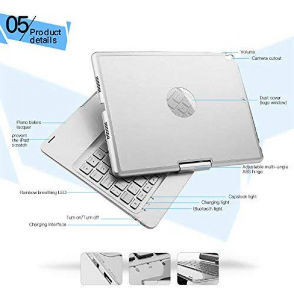 [해외] 아이패드 프로 10.5 360회전 블루투스 키보드 케이스 iPad Pro 10.5 Keyboard Case, iEGrow F360 7 Color Backlit and Dream Lighting Bluetooth Keyboard with 360 Degree Rotatable Case Cover for 2017 iPad Pro Model A1701/A1709(Silver)