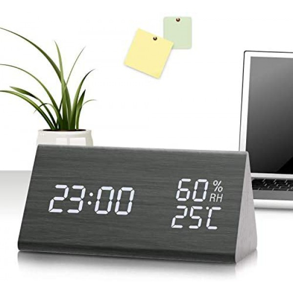 [해외] 디지탈 알람 목재 형태 시계, LED 표시, 습도 및 온도 감지 JALL Digital Alarm Clock, with Wooden Electronic LED Time Display, 3 Alarm Settings, Humidity & Temperature Detect, Wood Made Electric Clocks for Bedroom, Bedside, Black