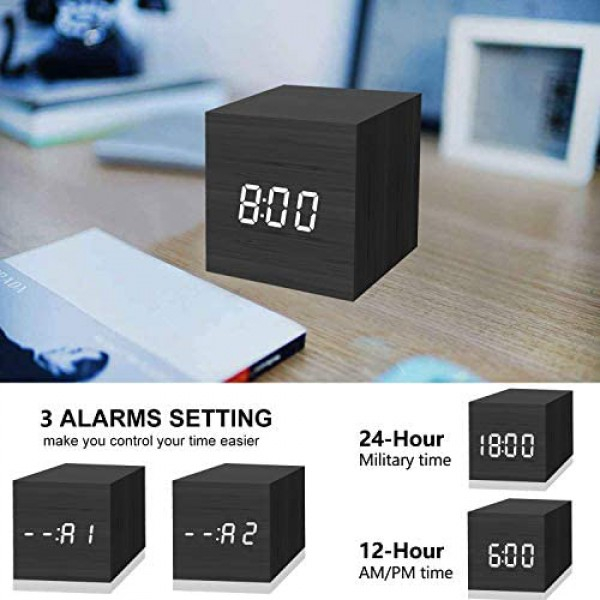 [해외] 디지탈 목재 형태 LED 표시 미시 알람시계 JALL Digital Alarm Clock, with Wooden Electronic LED Time Display, 3 Dual Plus Alarm, 2.5-inch Cubic Small Mini Wood Made Electric Clocks for Bedroom, Bedside, Black