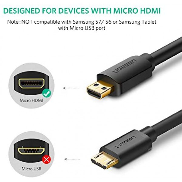 [해외] 유그린(UGREEN) HDMI 케이블 어뎁터 Micro HDMI to HDMI Cable Adapter 4K 60Hz Ethernet Audio Return Compatible for GoPro Hero 7 Black Hero 5 4 6, Raspberry Pi 4, Sony A6000 A6300 Camera, Nikon B500, Lenovo Yoga 3 Pro, Yoga 710 3FT