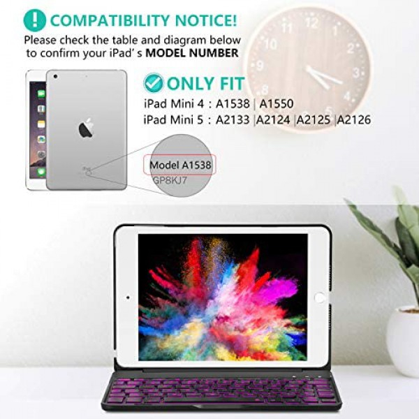 [해외] Earto 아이패드 미니 5세대/4세대  백라이트 스마트 폴리오 키보드케이스(Black)iPad Mini 5 / Mini 4 Keyboard - 135 Degree Flip 7 Color Backlit Aluminum Shell Smart Folio Keyboard Case with Auto Sleep/Wake for iPad Mini 5th Gen 2019 / iPad Mini 4 2015, Black