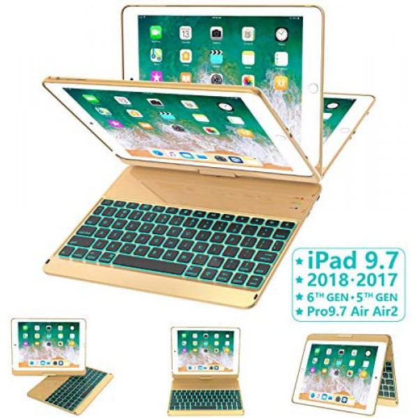 [해외] Earto 아이패드 9.7인치 무선 백라이트 스마트 키보드케이스 iPad Keyboard Case 9.7 for iPad 2018 (6th Gen) - 2017 (5th Gen) - iPad Pro 9.7 - iPad Air 2 & 1, 7 Color Backlit Keyboard Case/360 Rotate Wireless/BT Keyboard Case with Auto Sleep/Wake (Purple)