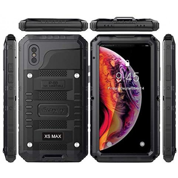 [해외] Beasyjoy 아이폰 Xs Max 휴대폰 케이스  방수 및 화면보호 케이스 포함 iPhone Xs Max Case Waterproof Metal Heavy Duty Strong Durable Cover Built-in Screen Full Body Protective Shockproof Tough Rugged Hybrid Military Grade Defender for Outdoor-Black