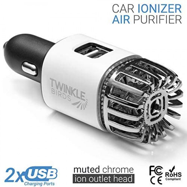 [해외] 차량용 냄새 및 바이러스 제거 이온화 방식 공기정화기(USB충전방식) TWINKLE BIRDS Car Air Purifier Ionizer - 12V Plug-in Ionic Anti-Microbial Car Deodorizer with Dual USB Charger - Smoke Smell, Pet and Food Odors, Allergens, Viruses Eliminator for Car